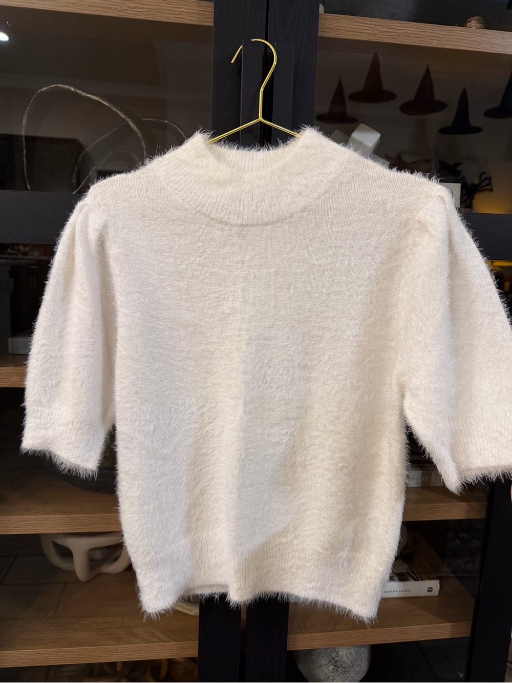 bobiBLACK White Fuzzy Knit Mock Neck Puff Sleeve Sweater M